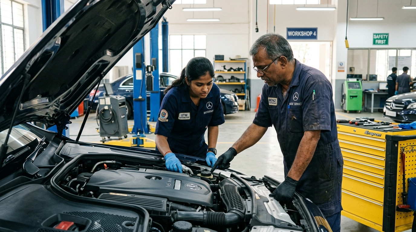 ADM training — student and instructor on Mercedes engine