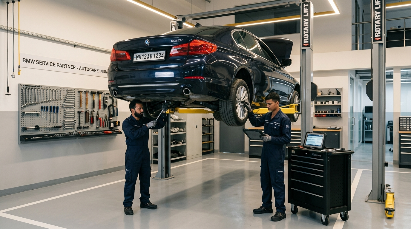 ADM Workshop — BMW on lift, two technicians Kochi
